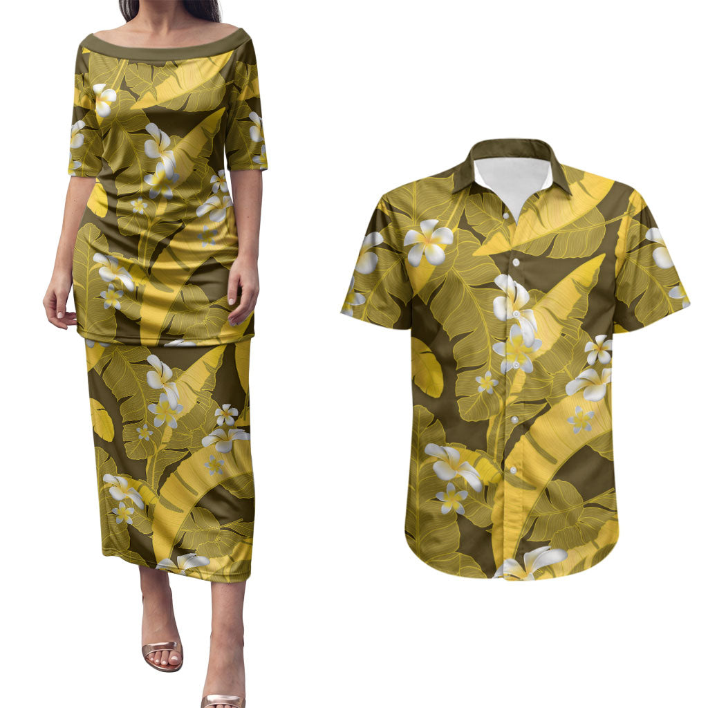 Yellow Banana Leaf Hawaii Couples Matching Puletasi and Hawaiian Shirt Lau Maia Plumeria Tropical Summer Vibes