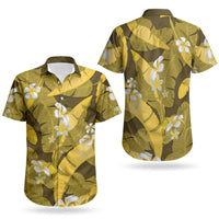 Yellow Banana Leaf Hawaii Couples Matching Puletasi and Hawaiian Shirt Lau Maia Plumeria Tropical Summer Vibes