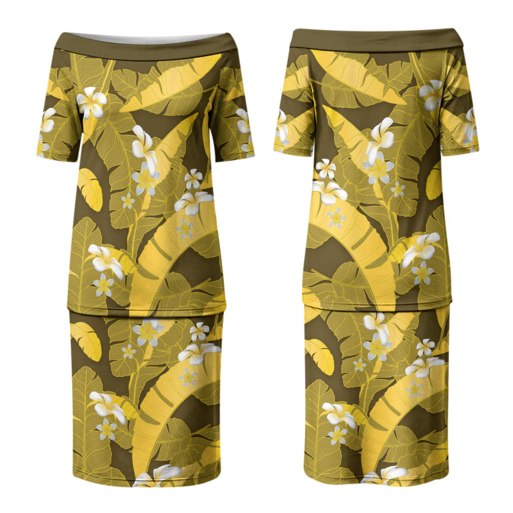 Yellow Banana Leaf Hawaii Couples Matching Puletasi and Hawaiian Shirt Lau Maia Plumeria Tropical Summer Vibes