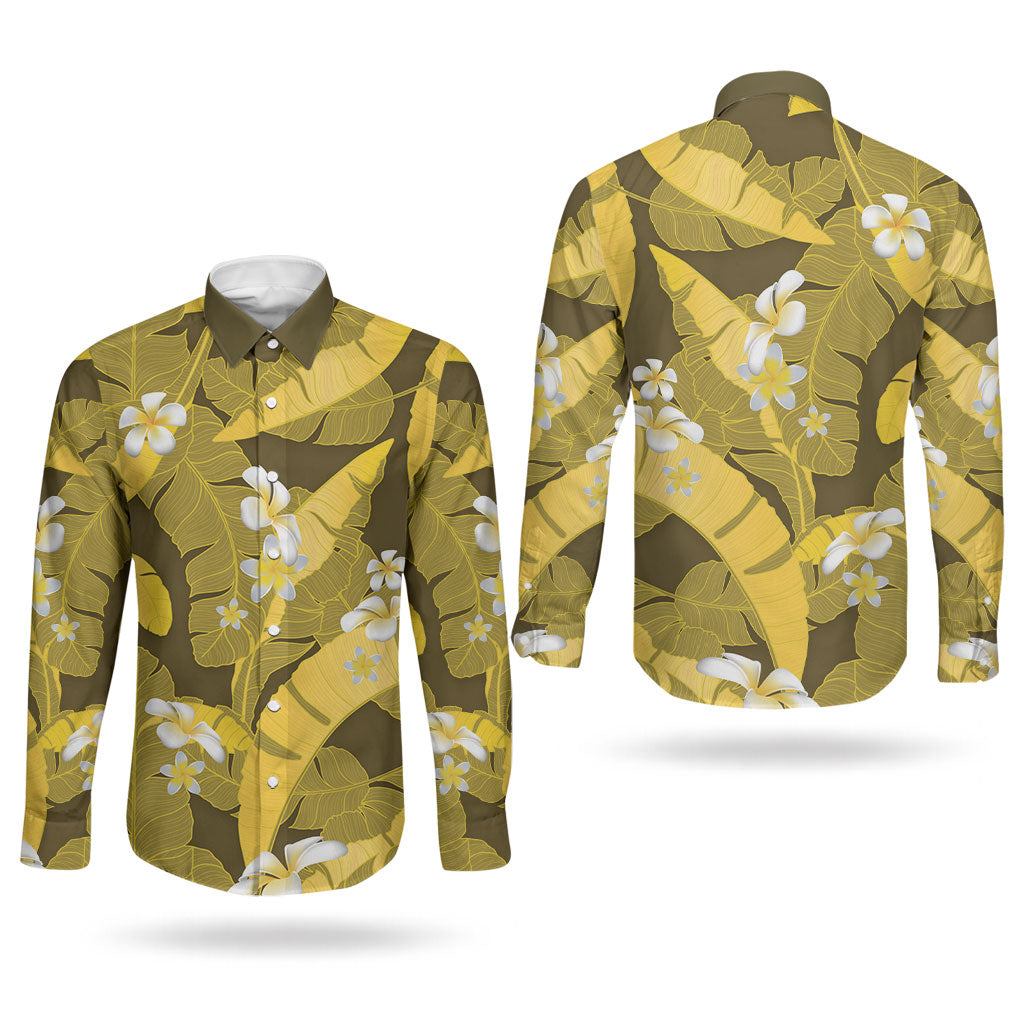 Yellow Banana Leaf Hawaii Couples Matching Summer Maxi Dress and Long Sleeve Button Shirt Lau Maia Plumeria Tropical Summer Vibes