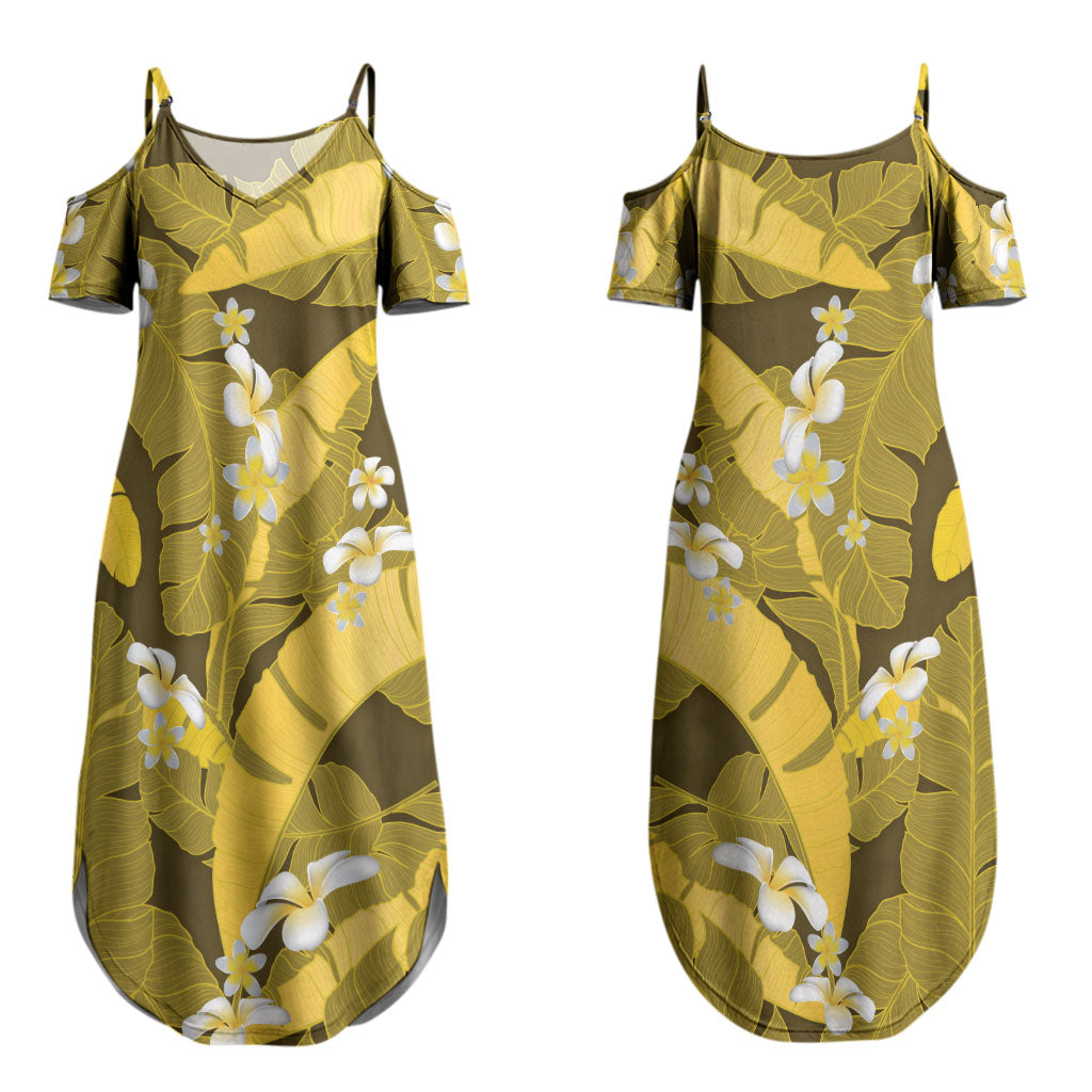 Yellow Banana Leaf Hawaii Couples Matching Summer Maxi Dress and Long Sleeve Button Shirt Lau Maia Plumeria Tropical Summer Vibes