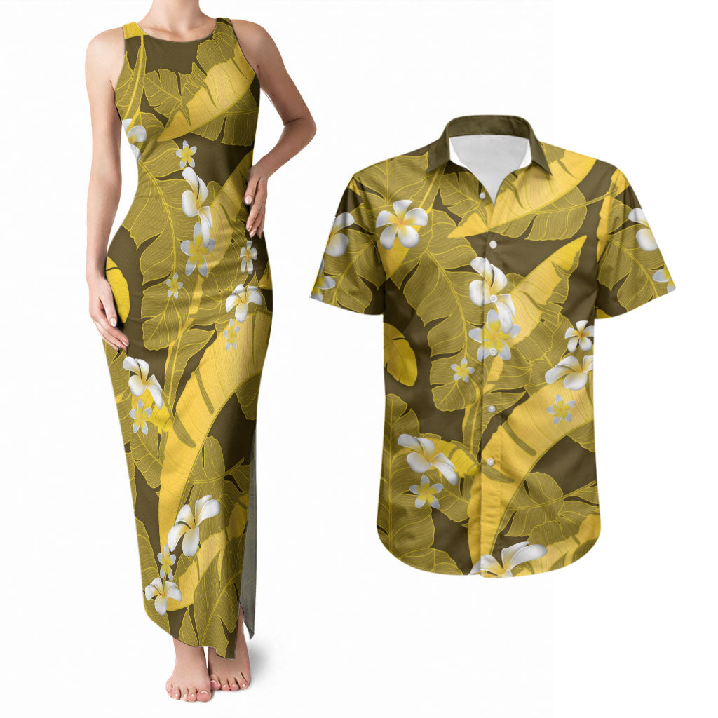 Yellow Banana Leaf Hawaii Couples Matching Tank Maxi Dress and Hawaiian Shirt Lau Maia Plumeria Tropical Summer Vibes LT14 Yellow - Polynesian Pride