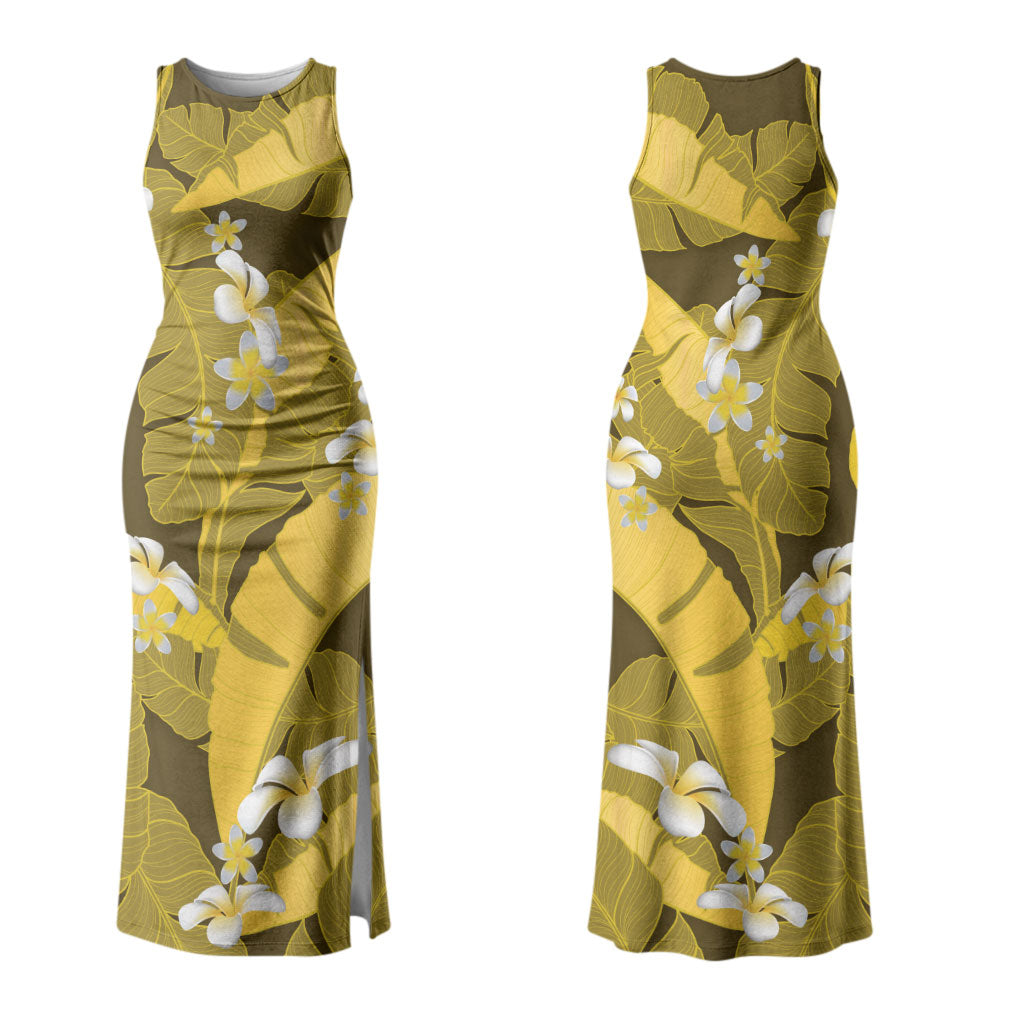 Yellow Banana Leaf Hawaii Couples Matching Tank Maxi Dress and Long Sleeve Button Shirt Lau Maia Plumeria Tropical Summer Vibes