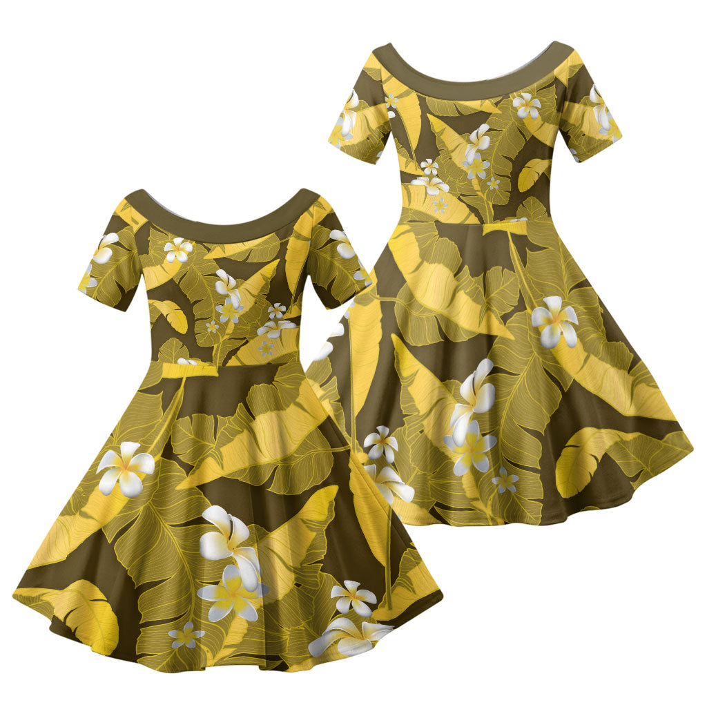 Yellow Banana Leaf Hawaii Family Matching Long Sleeve Bodycon Dress and Hawaiian Shirt Lau Maia Plumeria Tropical Summer Vibes