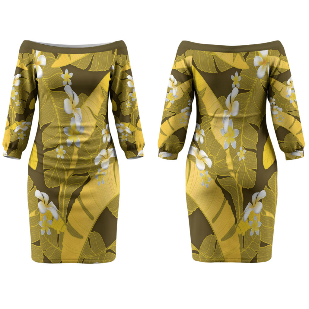 Yellow Banana Leaf Hawaii Family Matching Off The Shoulder Long Sleeve Dress and Hawaiian Shirt Lau Maia Plumeria Tropical Summer Vibes LT14 Mom's Dress Yellow - Polynesian Pride