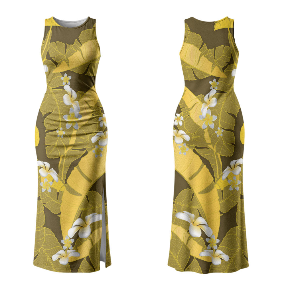 Yellow Banana Leaf Hawaii Family Matching Tank Maxi Dress and Hawaiian Shirt Lau Maia Plumeria Tropical Summer Vibes