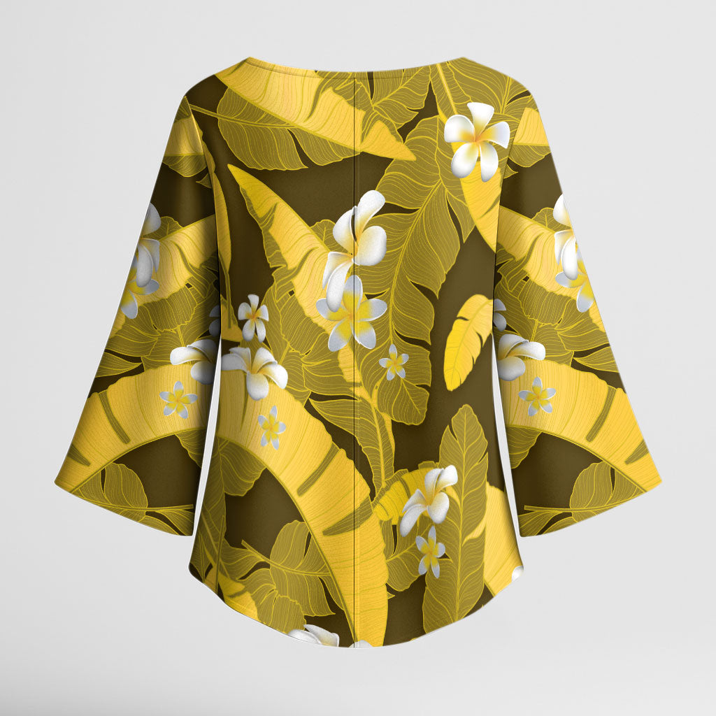 Yellow Banana Leaf Hawaii Kimono Sleeve Blouse Lau Maia Plumeria Tropical Summer Vibes