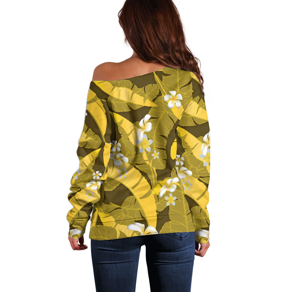 Yellow Banana Leaf Hawaii Off Shoulder Sweater Lau Maia Plumeria Tropical Summer Vibes