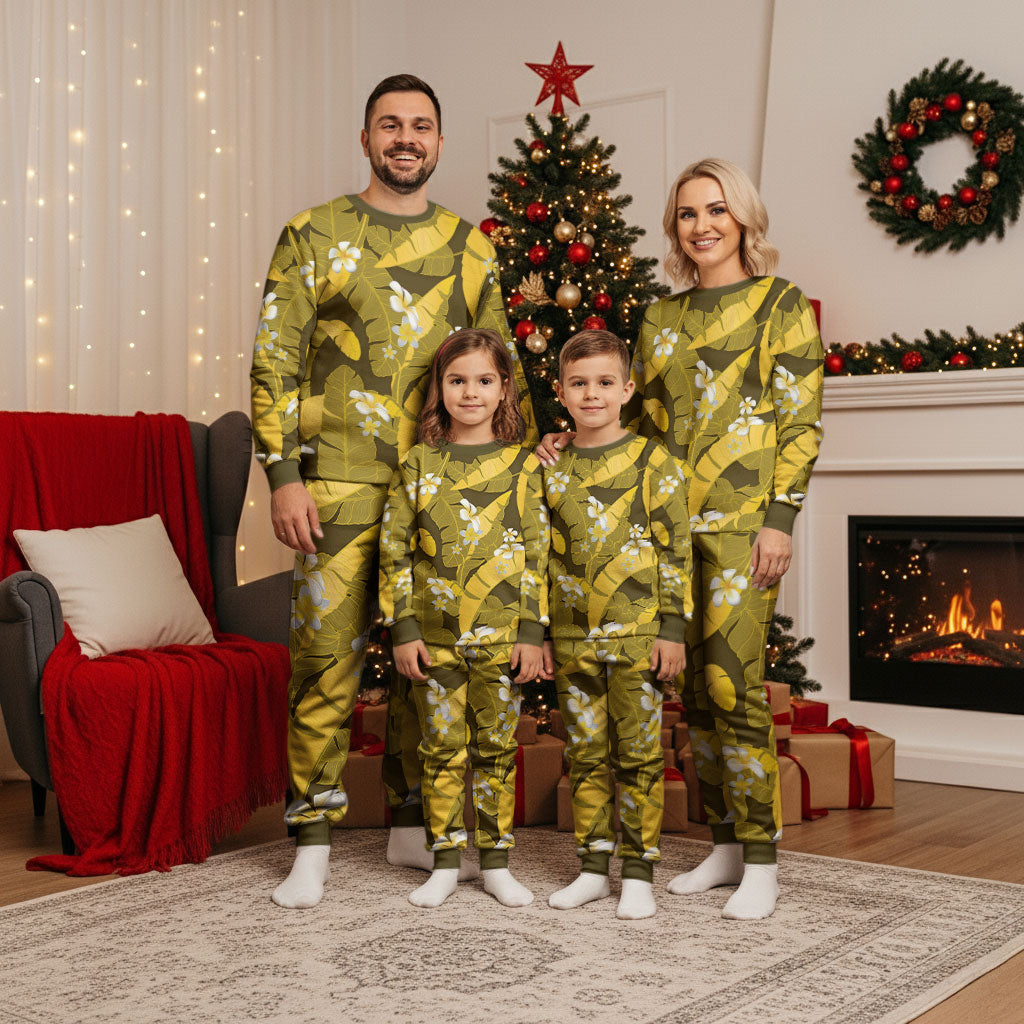 Yellow Banana Leaf Hawaii Christmas Pajama Set Lau Maia Plumeria Tropical Summer Vibes LT14 - Polynesian Pride