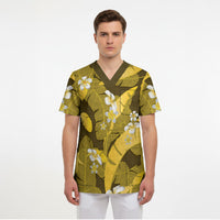 Yellow Banana Leaf Hawaii Scrub Top Lau Maia Plumeria Tropical Summer Vibes