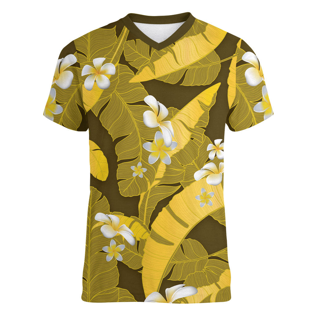 Yellow Banana Leaf Hawaii Women V-Neck T-Shirt Lau Maia Plumeria Tropical Summer Vibes