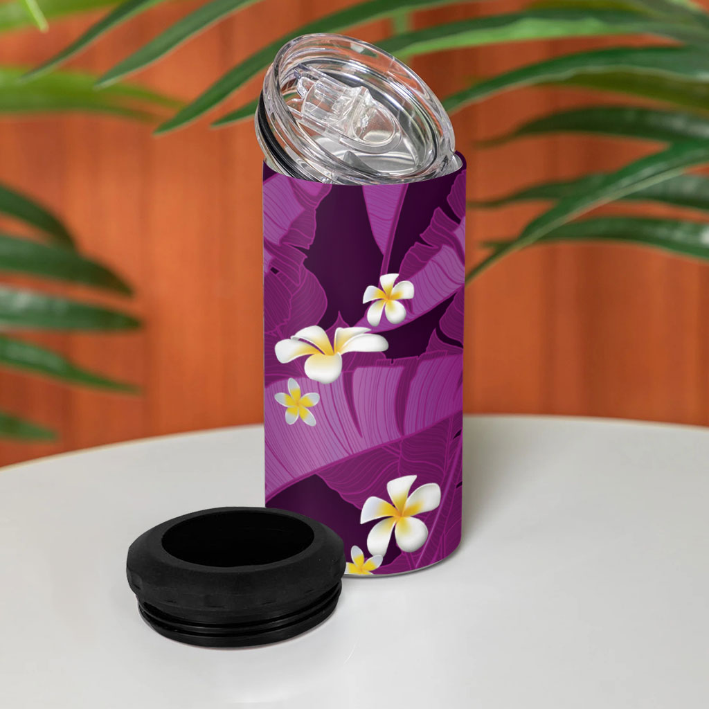 Purple Banana Leaf Hawaii 4 in 1 Can Cooler Tumbler Lau Maia Plumeria Tropical Summer Vibes