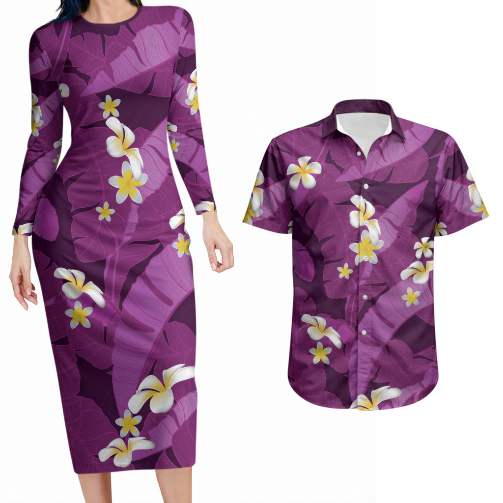 Purple Banana Leaf Hawaii Couples Matching Long Sleeve Bodycon Dress and Hawaiian Shirt Lau Maia Plumeria Tropical Summer Vibes