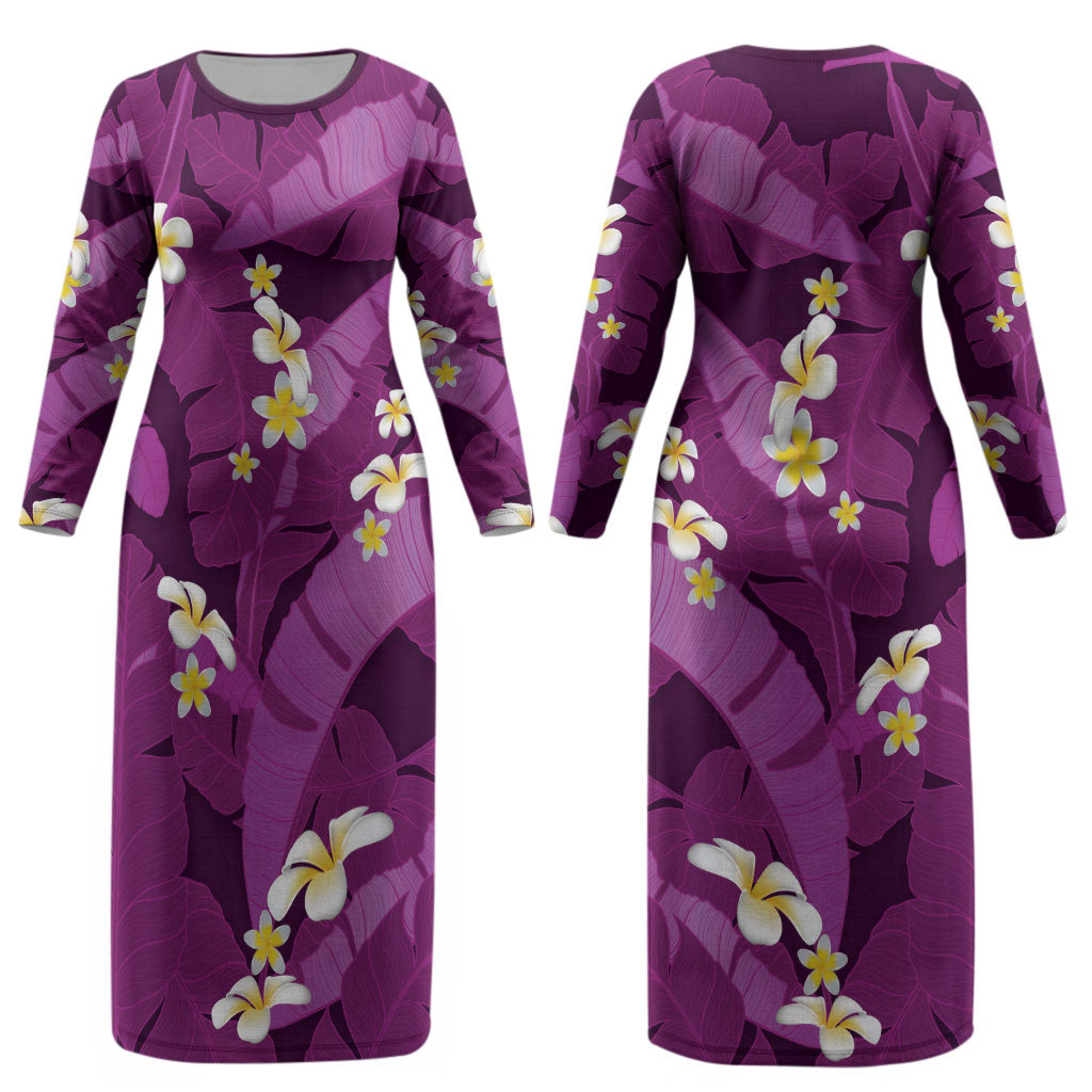 Purple Banana Leaf Hawaii Couples Matching Long Sleeve Bodycon Dress and Long Sleeve Button Shirt Lau Maia Plumeria Tropical Summer Vibes LT14 - Polynesian Pride