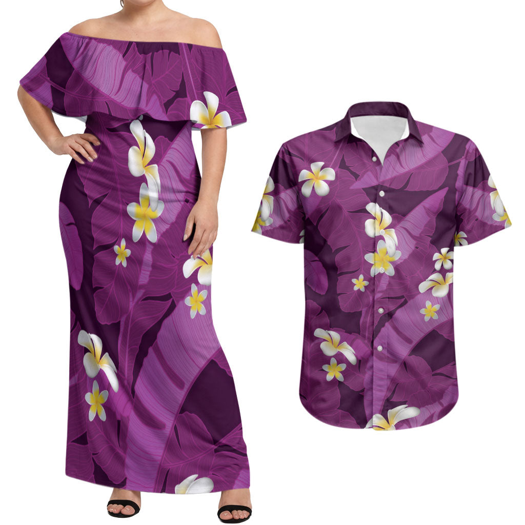 Purple Banana Leaf Hawaii Couples Matching Off Shoulder Maxi Dress and Hawaiian Shirt Lau Maia Plumeria Tropical Summer Vibes LT14 Purple - Polynesian Pride