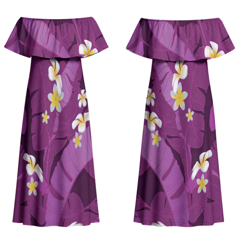 Purple Banana Leaf Hawaii Couples Matching Off Shoulder Maxi Dress and Long Sleeve Button Shirt Lau Maia Plumeria Tropical Summer Vibes
