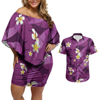 Purple Banana Leaf Hawaii Couples Matching Off Shoulder Short Dress and Hawaiian Shirt Lau Maia Plumeria Tropical Summer Vibes LT14 Purple - Polynesian Pride