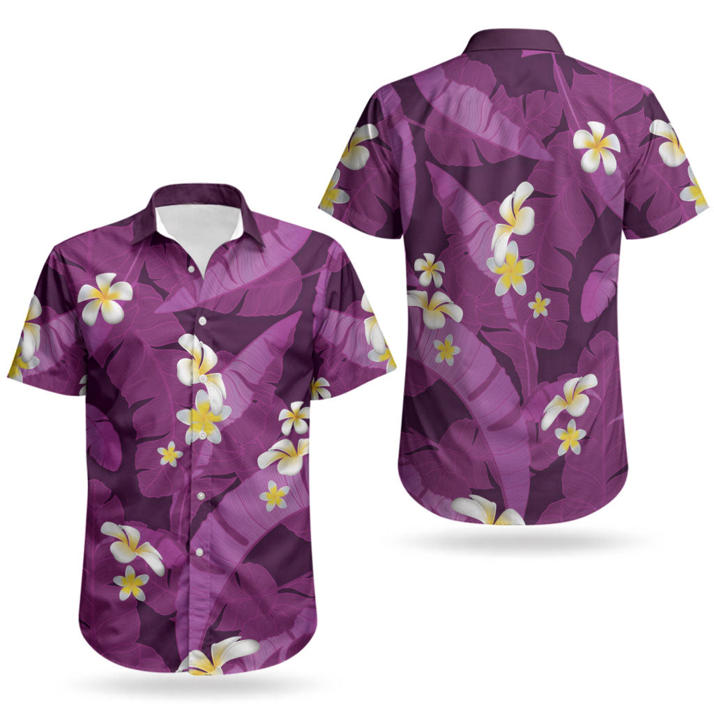 Purple Banana Leaf Hawaii Couples Matching Off Shoulder Short Dress and Hawaiian Shirt Lau Maia Plumeria Tropical Summer Vibes LT14 - Polynesian Pride