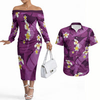 Purple Banana Leaf Hawaii Couples Matching Off The Shoulder Long Sleeve Dress and Hawaiian Shirt Lau Maia Plumeria Tropical Summer Vibes LT14 Purple - Polynesian Pride