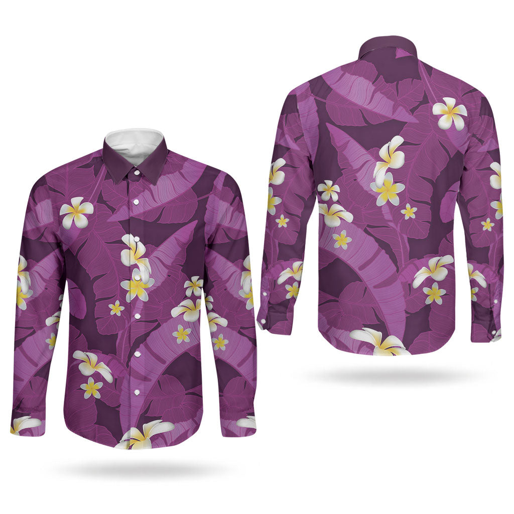Purple Banana Leaf Hawaii Couples Matching Summer Maxi Dress and Long Sleeve Button Shirt Lau Maia Plumeria Tropical Summer Vibes