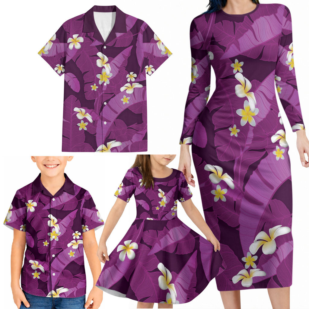 Purple Banana Leaf Hawaii Family Matching Long Sleeve Bodycon Dress and Hawaiian Shirt Lau Maia Plumeria Tropical Summer Vibes LT14 - Polynesian Pride