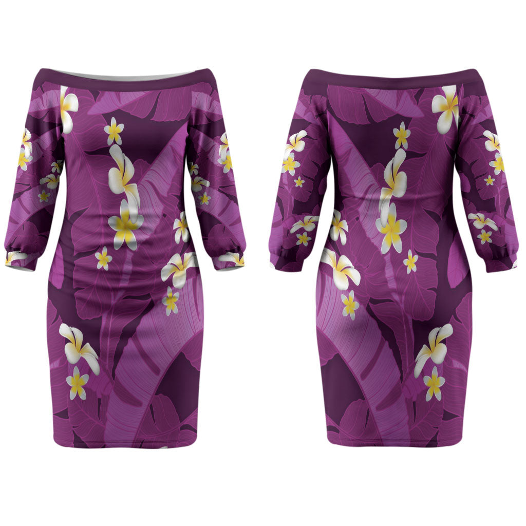 Purple Banana Leaf Hawaii Family Matching Off The Shoulder Long Sleeve Dress and Hawaiian Shirt Lau Maia Plumeria Tropical Summer Vibes