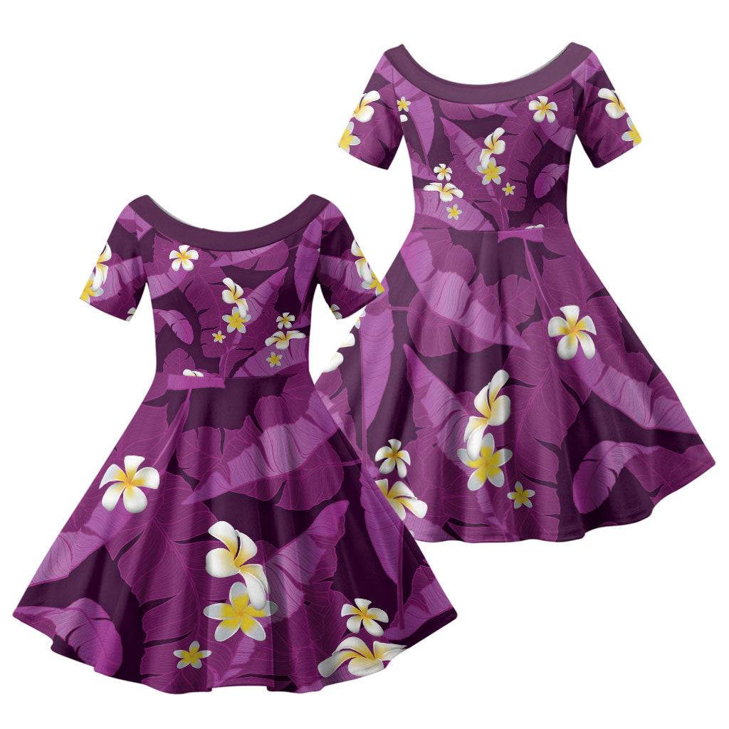 Purple Banana Leaf Hawaii Family Matching Off Shoulder Maxi Dress and Hawaiian Shirt Lau Maia Plumeria Tropical Summer Vibes