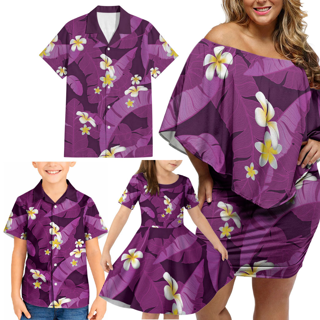 Purple Banana Leaf Hawaii Family Matching Off Shoulder Short Dress and Hawaiian Shirt Lau Maia Plumeria Tropical Summer Vibes