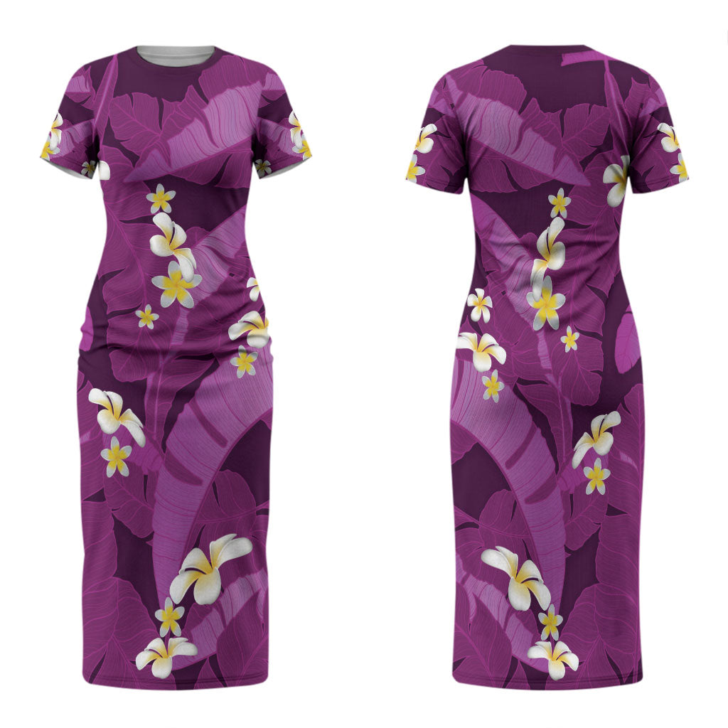 Purple Banana Leaf Hawaii Family Matching Short Sleeve Bodycon Dress and Hawaiian Shirt Lau Maia Plumeria Tropical Summer Vibes