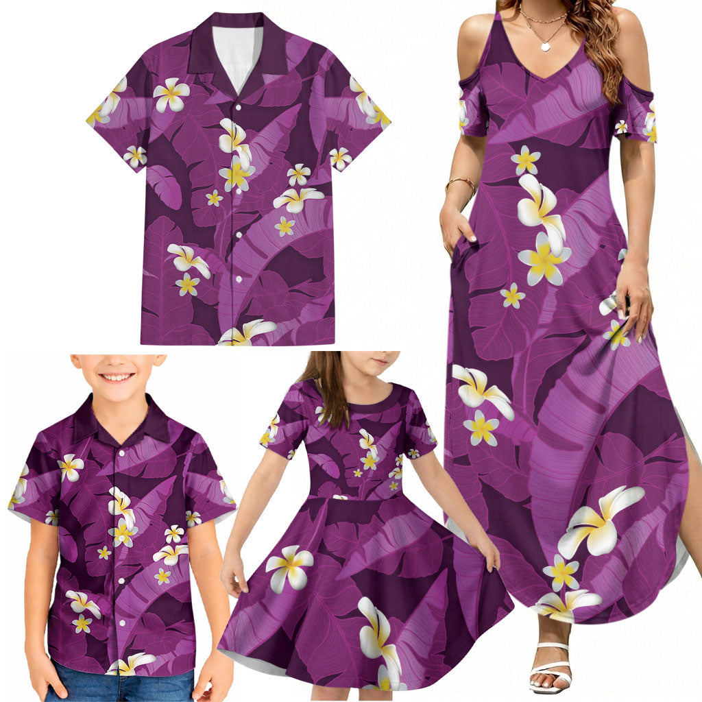 Purple Banana Leaf Hawaii Family Matching Summer Maxi Dress and Hawaiian Shirt Lau Maia Plumeria Tropical Summer Vibes