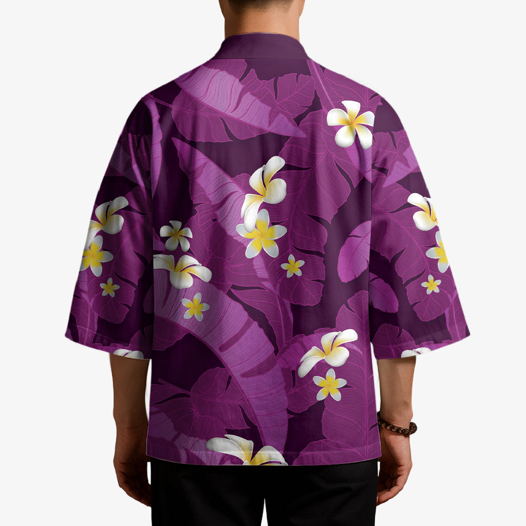 Purple Banana Leaf Hawaii Kimono Lau Maia Plumeria Tropical Summer Vibes