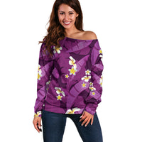 Purple Banana Leaf Hawaii Off Shoulder Sweater Lau Maia Plumeria Tropical Summer Vibes