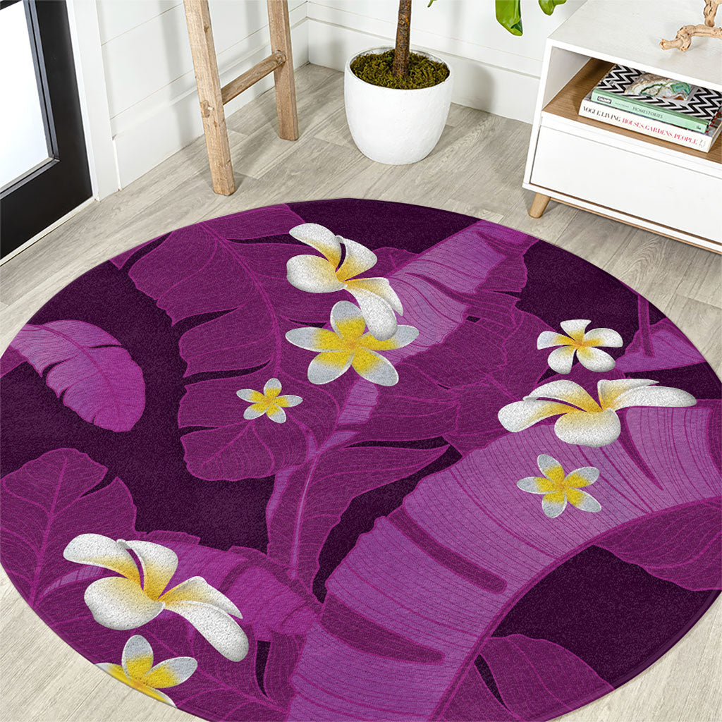 Purple Banana Leaf Hawaii Round Carpet Lau Maia Plumeria Tropical Summer Vibes