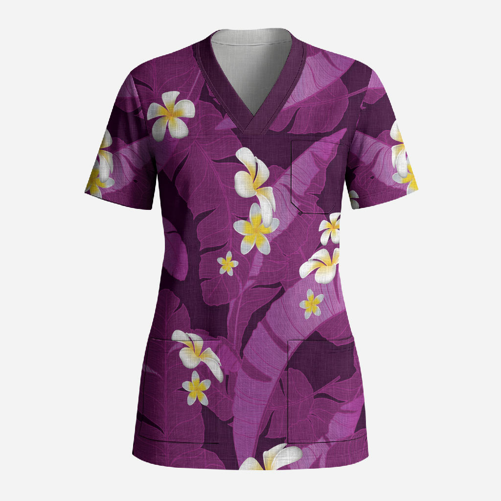 Purple Banana Leaf Hawaii Scrub Top Lau Maia Plumeria Tropical Summer Vibes
