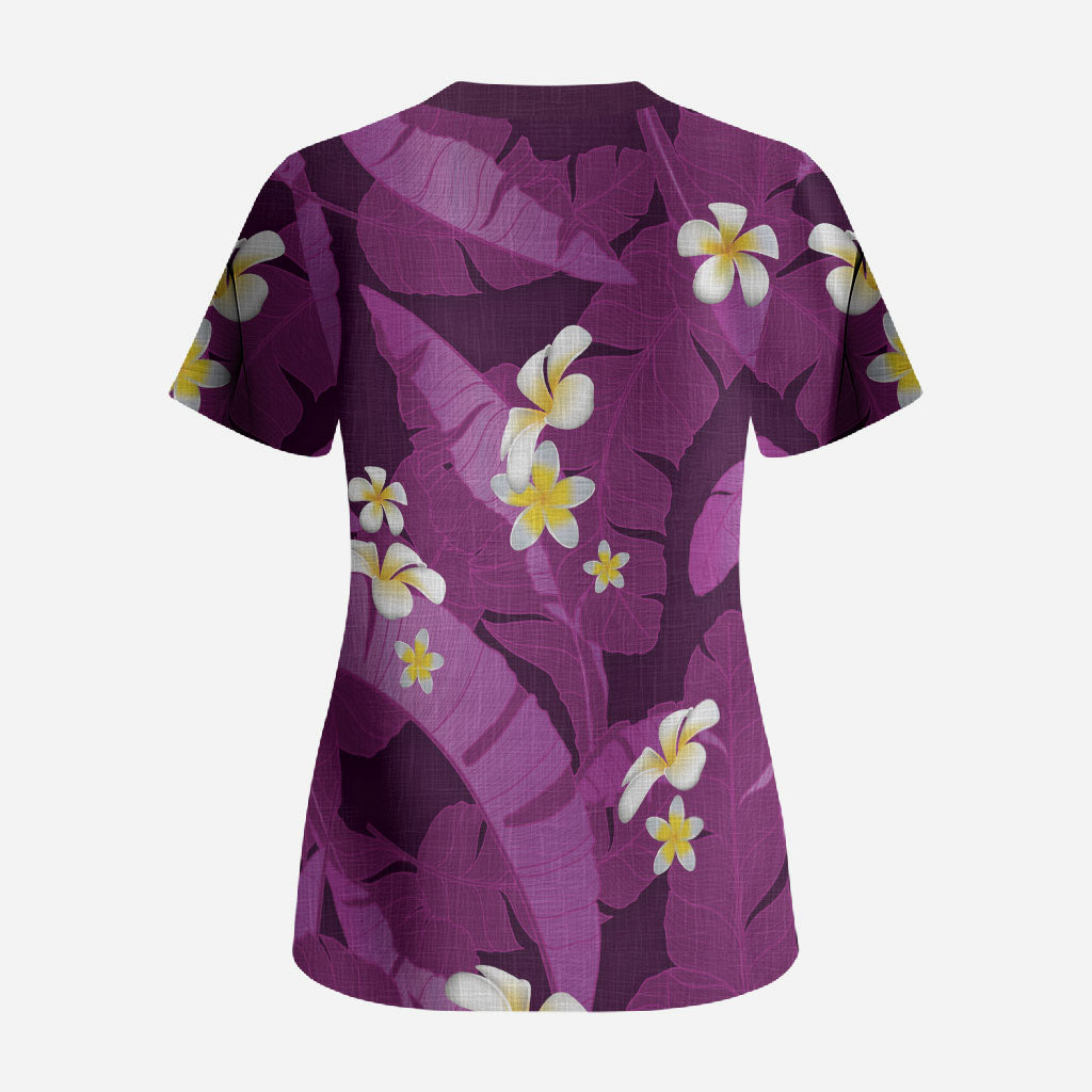 Purple Banana Leaf Hawaii Scrub Top Lau Maia Plumeria Tropical Summer Vibes