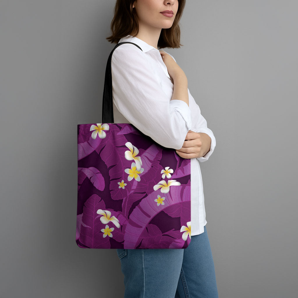 Purple Banana Leaf Hawaii Tote Bag Lau Maia Plumeria Tropical Summer Vibes