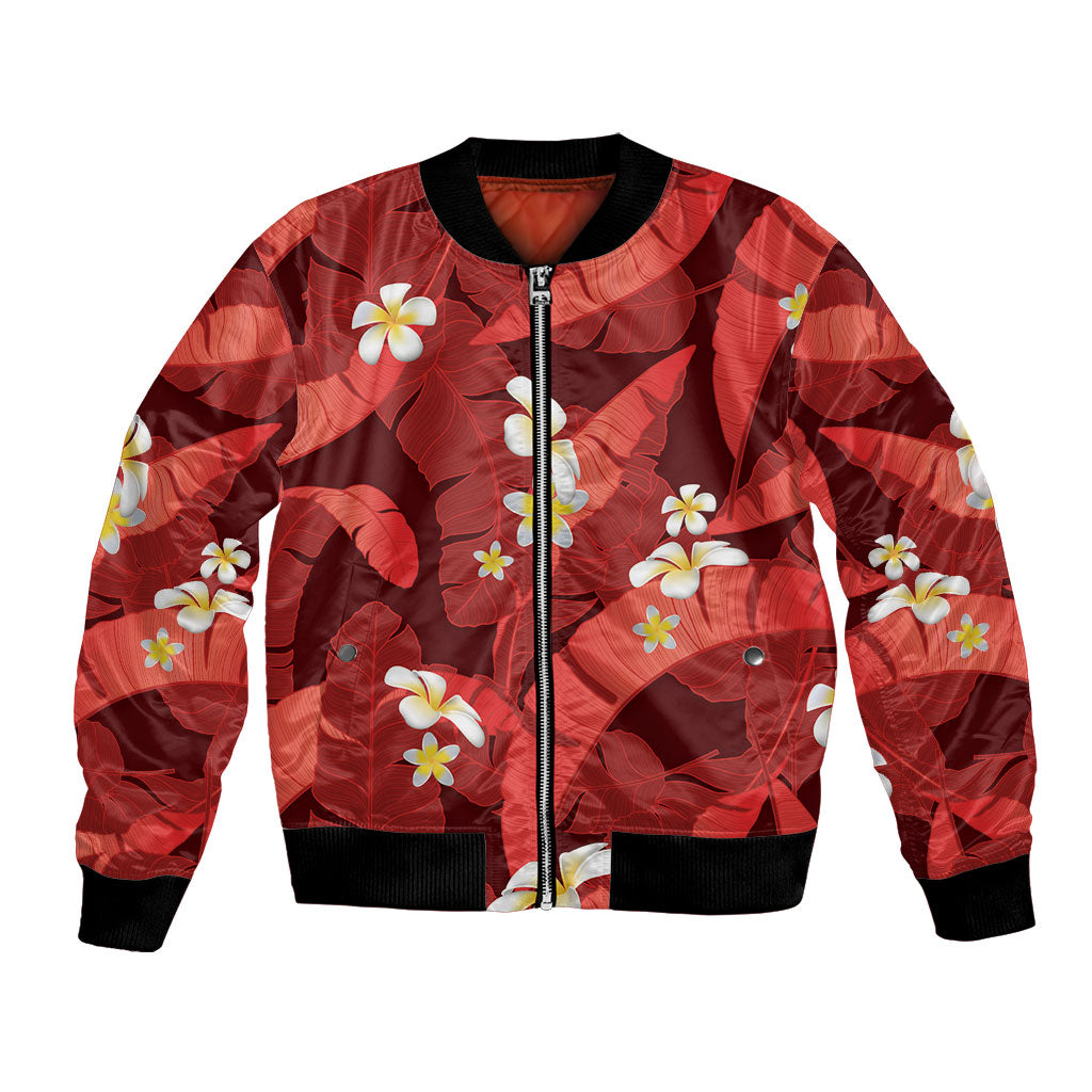 Red Banana Leaf Hawaii Bomber Jacket Lau Maia Plumeria Tropical Summer Vibes