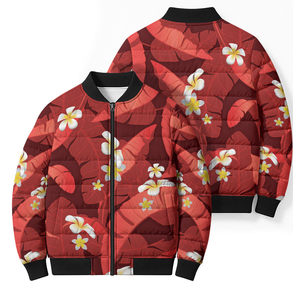 Red Banana Leaf Hawaii Bomber Puffer Jacket Lau Maia Plumeria Tropical Summer Vibes