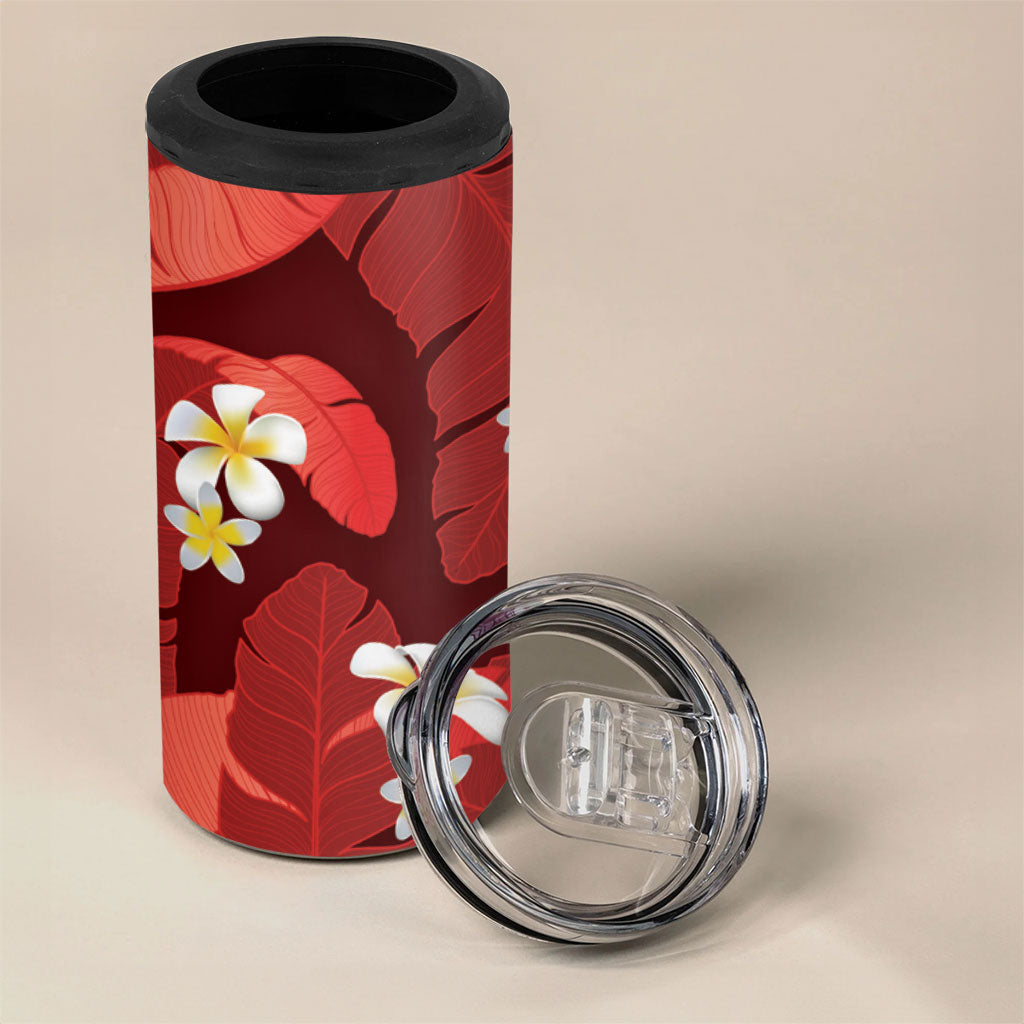 Red Banana Leaf Hawaii 4 in 1 Can Cooler Tumbler Lau Maia Plumeria Tropical Summer Vibes