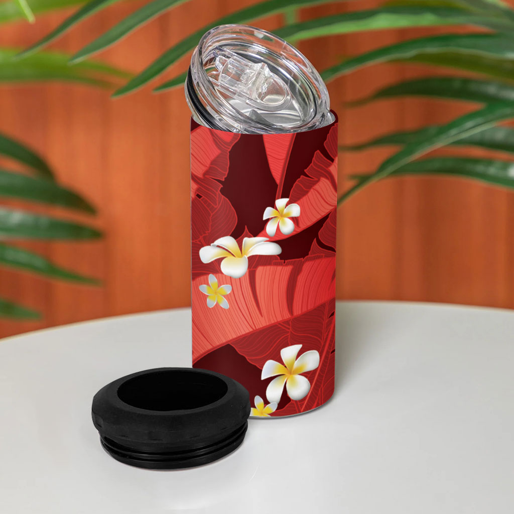 Red Banana Leaf Hawaii 4 in 1 Can Cooler Tumbler Lau Maia Plumeria Tropical Summer Vibes