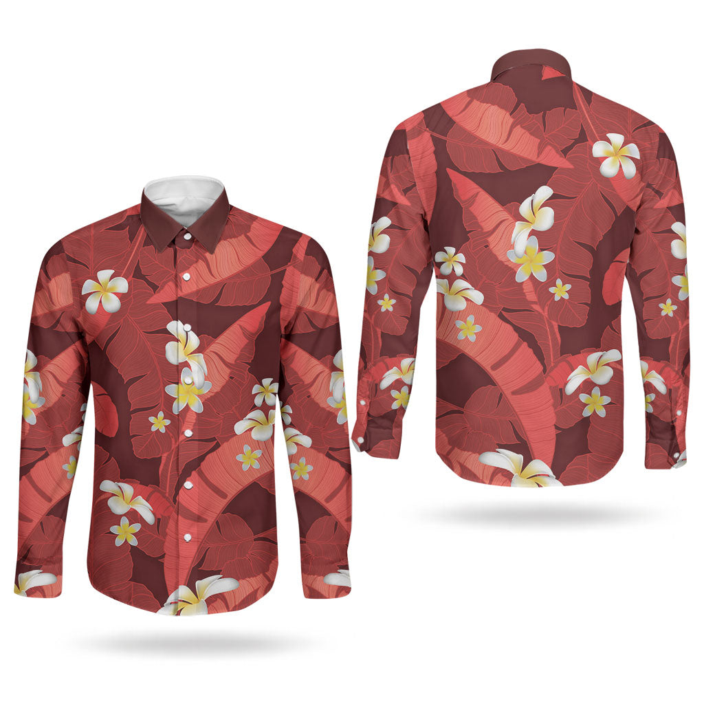 Red Banana Leaf Hawaii Couples Matching Long Sleeve Bodycon Dress and Long Sleeve Button Shirt Lau Maia Plumeria Tropical Summer Vibes