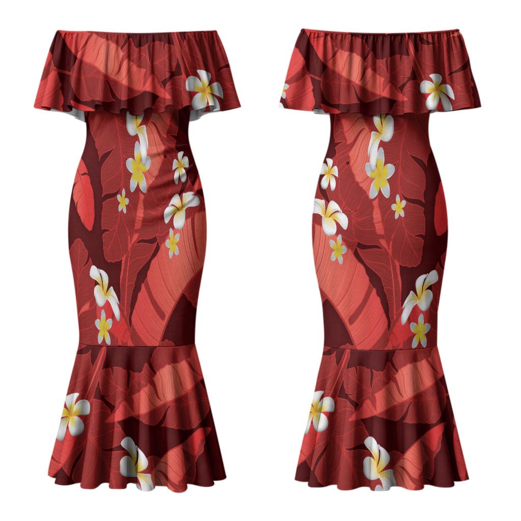 Red Banana Leaf Hawaii Couples Matching Mermaid Dress and Hawaiian Shirt Lau Maia Plumeria Tropical Summer Vibes