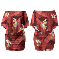 Red Banana Leaf Hawaii Couples Matching Off Shoulder Short Dress and Hawaiian Shirt Lau Maia Plumeria Tropical Summer Vibes