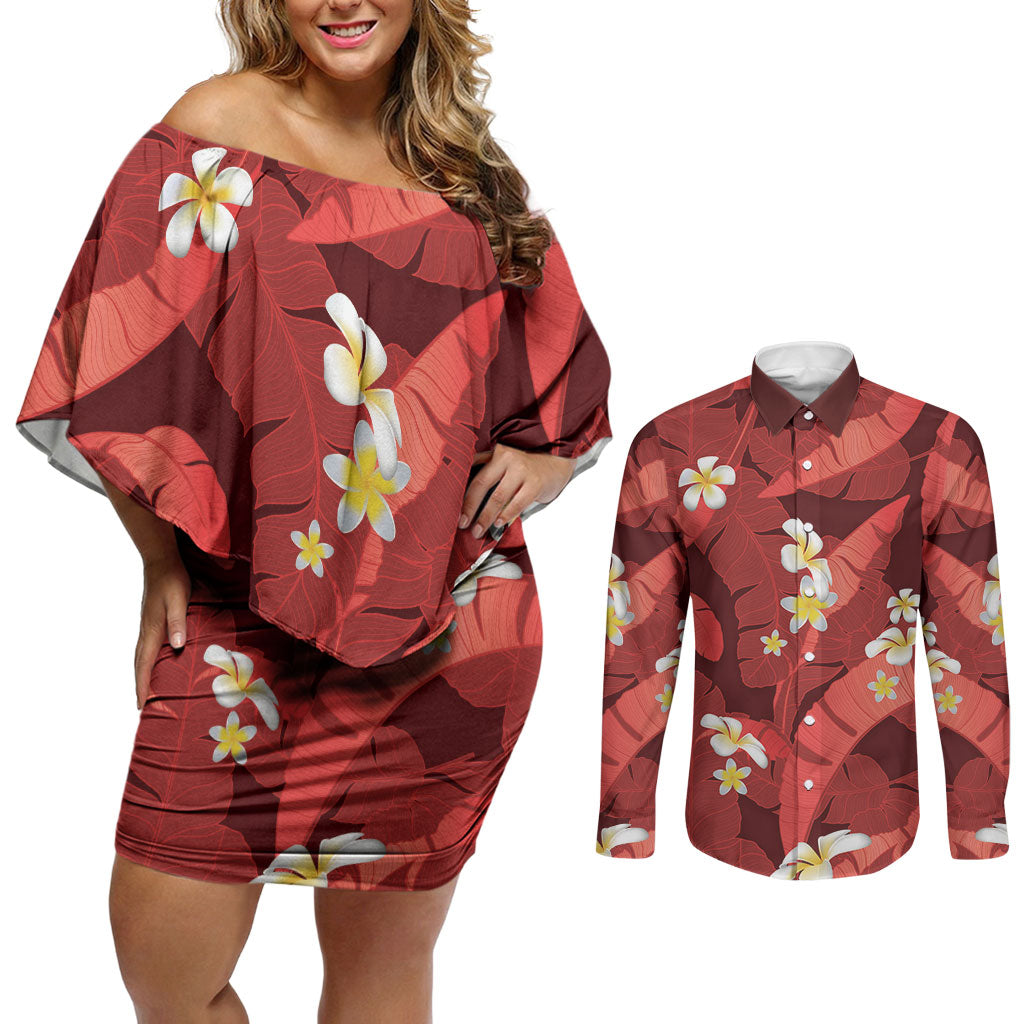 Red Banana Leaf Hawaii Couples Matching Off Shoulder Short Dress and Long Sleeve Button Shirt Lau Maia Plumeria Tropical Summer Vibes