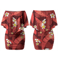 Red Banana Leaf Hawaii Couples Matching Off Shoulder Short Dress and Long Sleeve Button Shirt Lau Maia Plumeria Tropical Summer Vibes