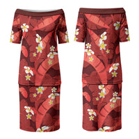 Red Banana Leaf Hawaii Couples Matching Puletasi and Hawaiian Shirt Lau Maia Plumeria Tropical Summer Vibes