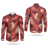 Red Banana Leaf Hawaii Couples Matching Puletasi and Long Sleeve Button Shirt Lau Maia Plumeria Tropical Summer Vibes