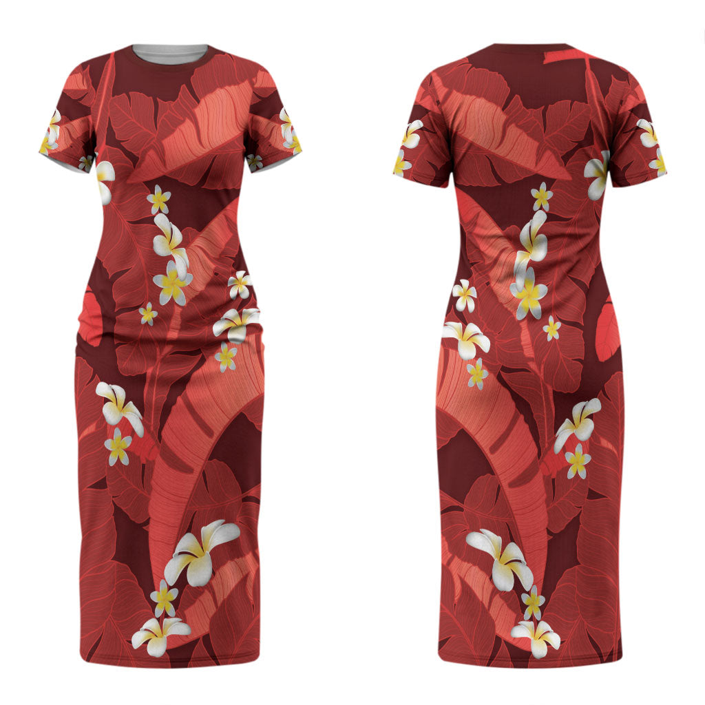 Red Banana Leaf Hawaii Couples Matching Short Sleeve Bodycon Dress and Hawaiian Shirt Lau Maia Plumeria Tropical Summer Vibes
