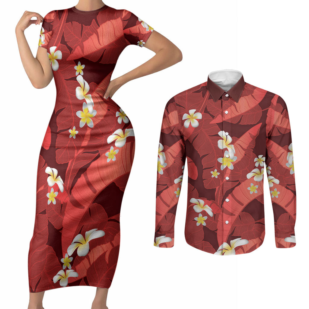Red Banana Leaf Hawaii Couples Matching Short Sleeve Bodycon Dress and Long Sleeve Button Shirt Lau Maia Plumeria Tropical Summer Vibes