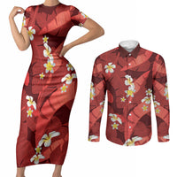 Red Banana Leaf Hawaii Couples Matching Short Sleeve Bodycon Dress and Long Sleeve Button Shirt Lau Maia Plumeria Tropical Summer Vibes